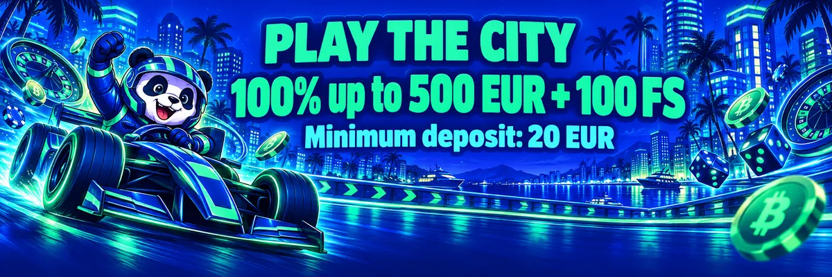 Racing-helmet panda steering an open-wheel car past illuminated high-rises and palm trees, with bold casino and cryptocurrency symbols in the night scene.