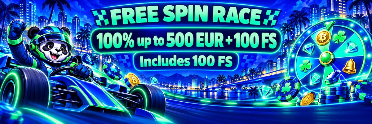 Seated racing-helmet panda beside an open-wheel car, surrounded by glowing reels, tokens and cryptocurrency symbols in a tropical night city.